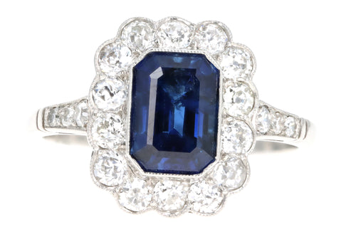 Art Deco Inspired Platinum 2.03 Carat Natural Sapphire & Diamond Halo Ring - Queen May