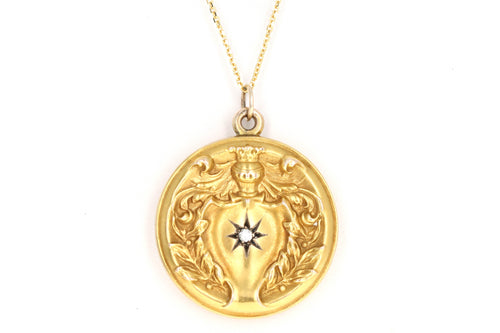 Victorian 14K Yellow Gold 0.03 Carat Old Mine Cut Diamond Engraved Locket Necklace - Queen May