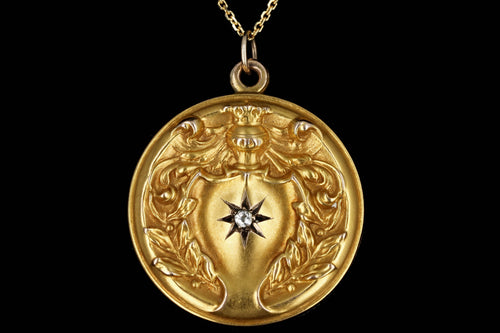 Victorian 14K Yellow Gold 0.03 Carat Old Mine Cut Diamond Engraved Locket Necklace - Queen May