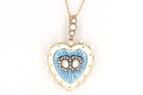 Victorian 18K Yellow Gold Pearl Blue Guilloche Enamel & Rose Cut Diamond Heart Brooch Pendant Necklace - Queen May