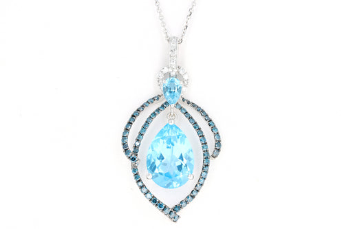 14K White Gold 5.15 Carat Pear Cut Blue Topaz & Diamond Swirl Pendant Necklace - Queen May