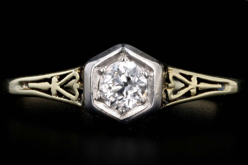 Art Deco 14K Yellow and White Gold .20 Carat Old European Cut Diamond Engagement Ring - Queen May