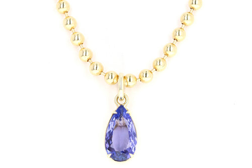14K Yellow Gold 2.58 Carat Pear Tanzanite Beaded Ball Chain Pendant Necklace - Queen May