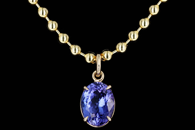 14K Yellow Gold 5.01 Carat Oval Tanzanite Beaded Ball Chain Pendant Necklace - Queen May