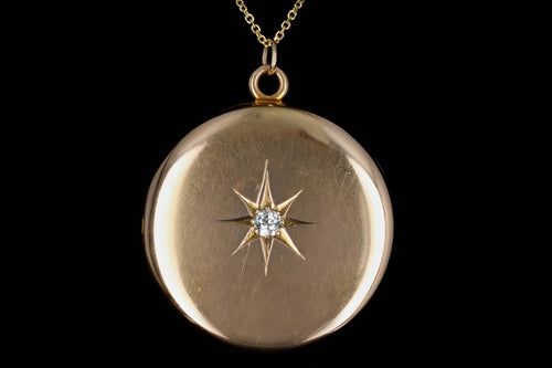 Victorian 14K Yellow Gold 0.10 Carat Old European Cut Diamond Engraved Locket Necklace - Queen May