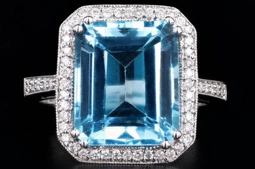 18K White Gold 7.20 Carat Emerald Cut Blue Topaz & Diamond Halo Ring - Queen May
