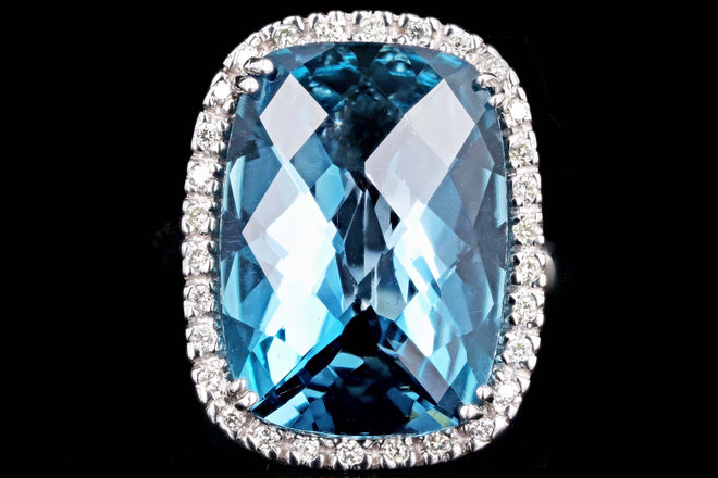 14K White Gold 11.82 Carat Blue Topaz & Diamond Halo Ring - Queen May