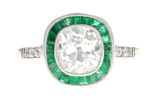 Art Deco Inspired 1.80 Carat Old Mine Diamond & Natural Emerald Halo Engagement Ring - Queen May