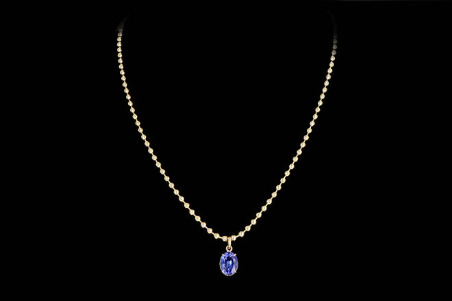 14K Yellow Gold 5.01 Carat Oval Tanzanite Beaded Ball Chain Pendant Necklace - Queen May