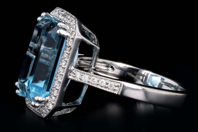 18K White Gold 7.20 Carat Emerald Cut Blue Topaz & Diamond Halo Ring - Queen May