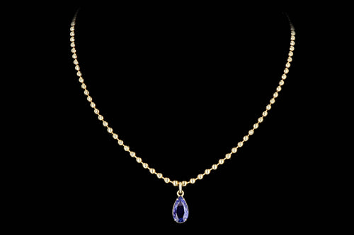 14K Yellow Gold 2.58 Carat Pear Tanzanite Beaded Ball Chain Pendant Necklace - Queen May
