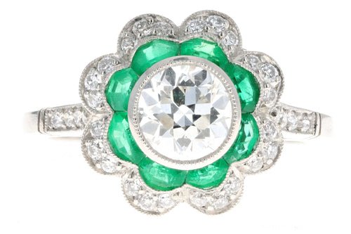 Art Deco Inspired Platinum 1.03 Carat Old European Diamond & Natural Emerald Engagement Ring - Queen May
