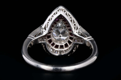 Art Deco Inspired .76 Carat Pear Cut Diamond & Natural Ruby Halo Engagement Ring - Queen May