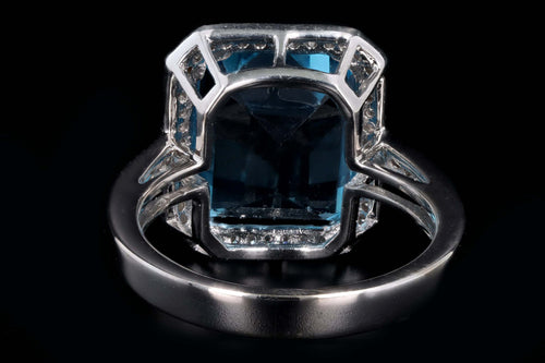18K White Gold 7.20 Carat Emerald Cut Blue Topaz & Diamond Halo Ring - Queen May