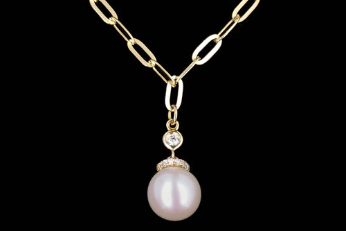 14K Gold Pearl & Diamond Paperclip Chain Pendant Necklace - Queen May