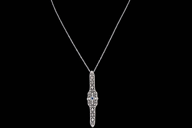 Art Deco 14K White Gold .12 Carat Natural Sapphire Bar Pin Conversion Pendant Necklace - Queen May