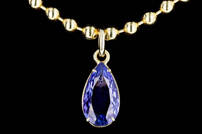 14K Yellow Gold 2.58 Carat Pear Tanzanite Beaded Ball Chain Pendant Necklace - Queen May