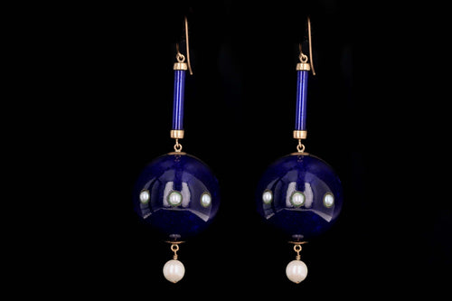 Victorian Blue Enamel Garnet Amethyst Pearl 9ct Gold Orb Drop Earrings - Queen May