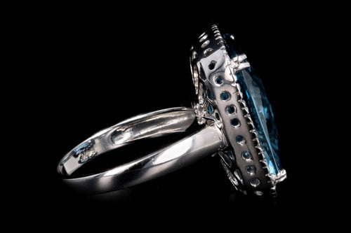 14K White Gold 11.82 Carat Blue Topaz & Diamond Halo Ring - Queen May