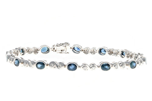 18K White Gold Bezel Set Oval Natural Sapphire & Round Diamond Bracelet - Queen May
