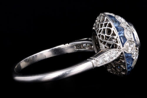 Art Deco Inspired Platinum .58 Carat Round Brilliant Cut Diamond & Natural Sapphire Ring - Queen May