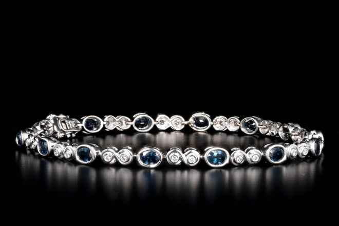 18K White Gold Bezel Set Oval Natural Sapphire & Round Diamond Bracelet - Queen May