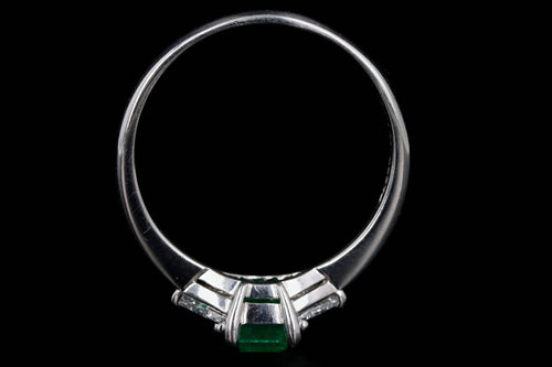 Platinum 1.11 Carat Natural Emerald & Trillion Diamond Three Stone Ring - Queen May