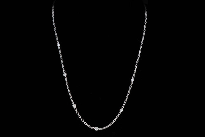 18K White Gold 3.0 Carat Total Weight Round Diamond Bezel Station Twisted Link Necklace - Queen May