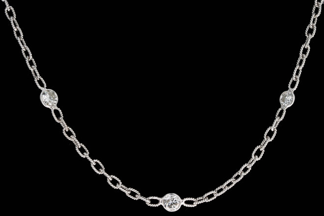 18K White Gold 3.0 Carat Total Weight Round Diamond Bezel Station Twisted Link Necklace - Queen May