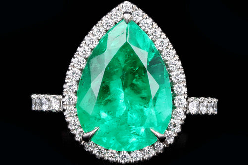 Platinum 5.92 Carat Pear Cut Natural Colombian Emerald & Diamond Halo Ring AGL Certified - Queen May