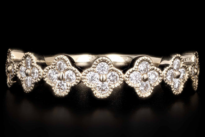 14K White, Yellow, or Rose Gold .33 Carat Total Weight Round Diamond Floral Clover Wedding Band - Queen May