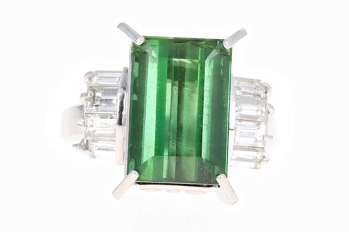Platinum 5.63 Carat Emerald Cut Green Tourmaline & Baguette Diamond Ring - Queen May