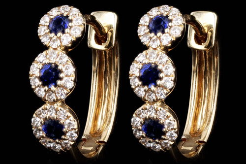 14K Yellow Gold Sapphire & Diamond Halo Huggie Earrings - Queen May