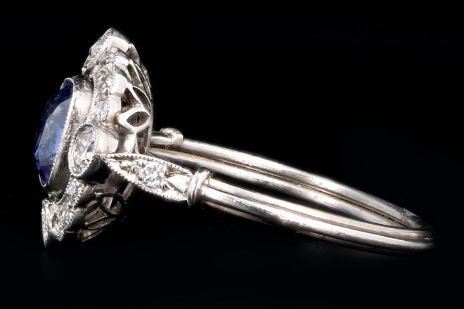 Art Deco Inspired Platinum 1.15 Carat Cushion Cut Natural Sapphire & Old European Cut Diamond Halo Cluster Ring - Queen May