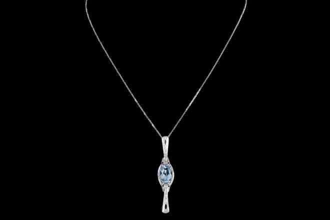 Art Deco 14K White Gold 3.5 Carat Blue Topaz Stick Pin Conversion Pendant Necklace - Queen May