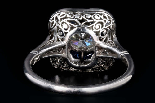Art Deco Inspired Platinum .75 Carat Round Brilliant Cut Diamond & Natural Sapphire Ring - Queen May
