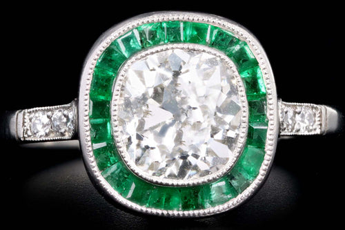 Art Deco Inspired 1.80 Carat Old Mine Diamond & Natural Emerald Halo Engagement Ring - Queen May