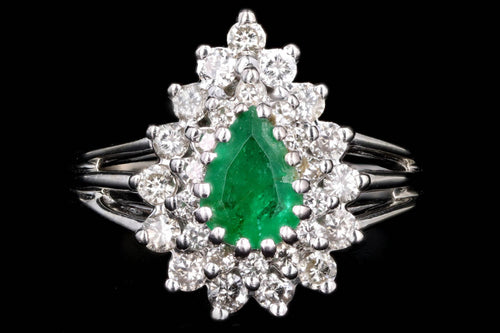 Vintage 14K White Gold .50 Carat Pear Cut Emerald & Diamond Halo Ring - Queen May