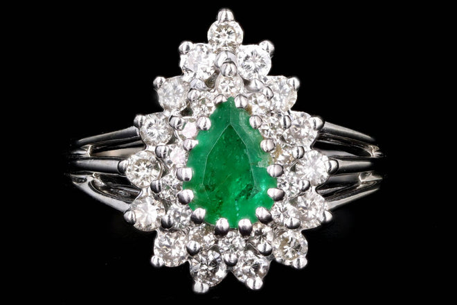 Vintage 14K White Gold .50 Carat Pear Cut Emerald & Diamond Halo Ring - Queen May