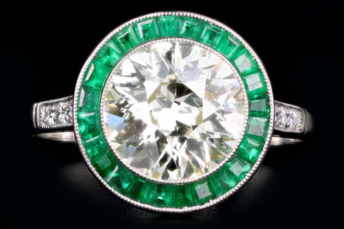 Art Deco Inspired Platinum 2.10 Carat Old European Cut Diamond & Natural Emerald Halo Engagement Ring - Queen May
