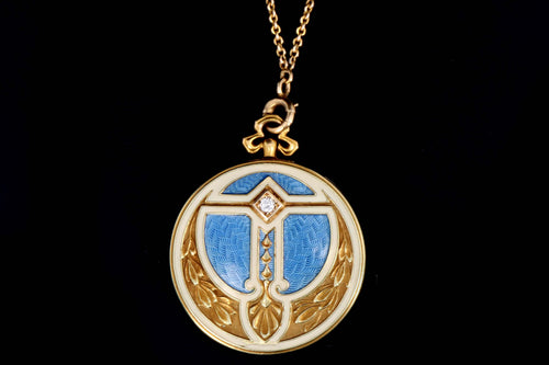 Alling & Co. 14K Art Nouveau Blue Guilloche Enamel Locket Necklace Newark NJ - Queen May
