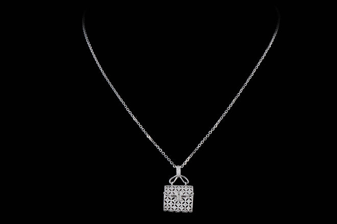 14K White Gold 0.07 Carat Total Weight Diamond Purse Pendant Necklace - Queen May