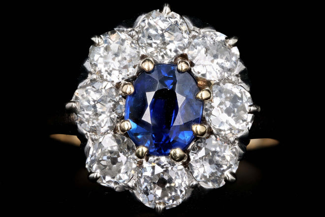 Victorian 14K Yellow Gold 1.05 Carat Natural Sapphire & Old European Cut Diamond Cluster Halo Ring - Queen May