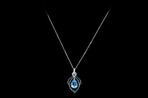 14K White Gold 5.15 Carat Pear Cut Blue Topaz & Diamond Swirl Pendant Necklace - Queen May