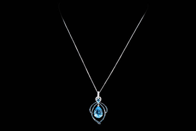 14K White Gold 5.15 Carat Pear Cut Blue Topaz & Diamond Swirl Pendant Necklace - Queen May