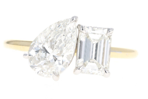 18K Yellow Gold Platinum Pear Cut Diamond & Emerald Cut Diamond Two Stone Engagement GIA Certified - Queen May