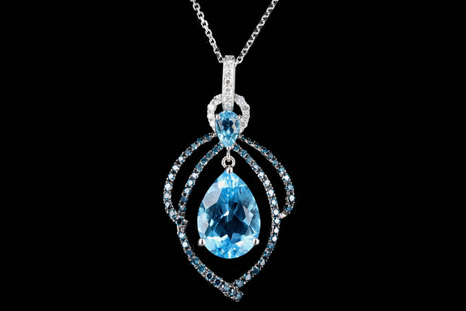 14K White Gold 5.15 Carat Pear Cut Blue Topaz & Diamond Swirl Pendant Necklace - Queen May