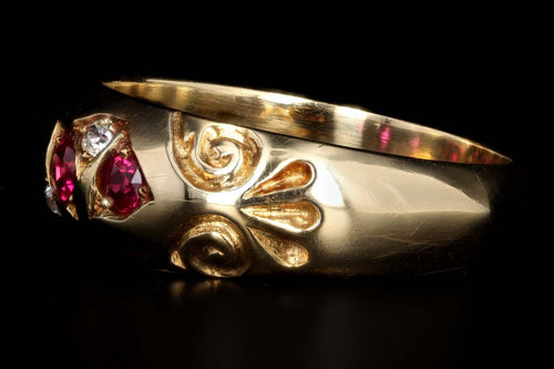 Victorian 18K Yellow Gold Natural Ruby & Old European Cut Diamond Gypsy Ring - Queen May