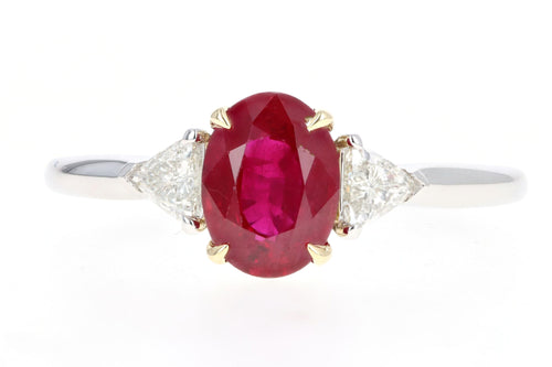 Platinum & 18K Yellow Gold 1.39 Carat Oval Natural Burma Ruby & Trillion Diamond Ring GIA Certified - Queen May