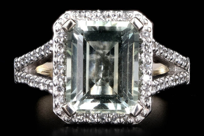 14K White Gold 1.75 Carat Prasiolite & Diamond Halo Ring - Queen May